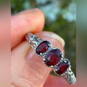 SOLD - STERLING SILVER 3 Trilogy Stone Mozambique Garnet Ring, 1.15 ctw Size 10